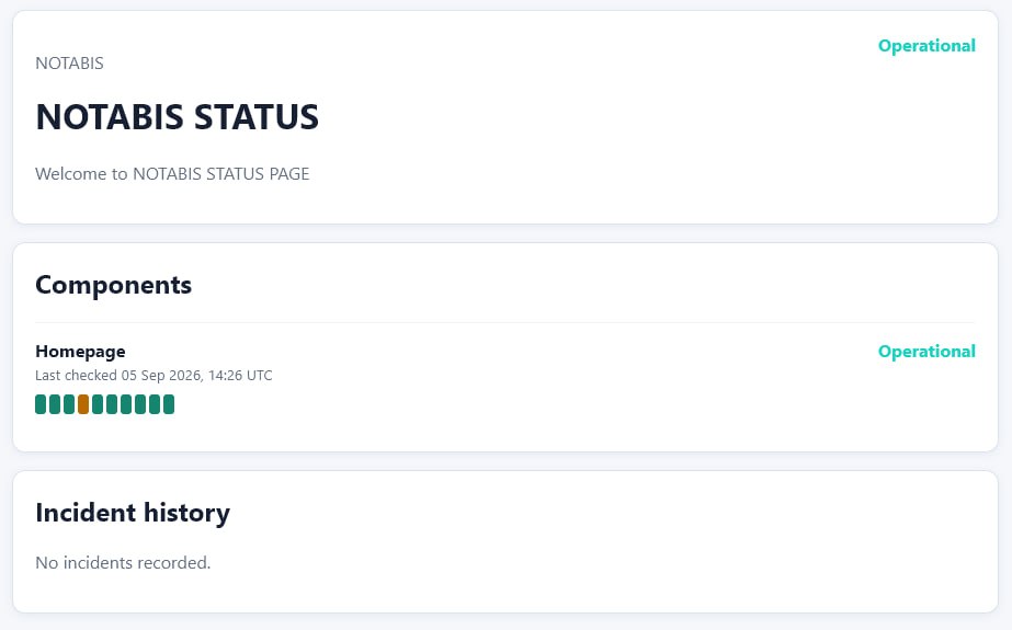 WebCheck public status page showing an operational service, component health, recent status checks, and incident history.